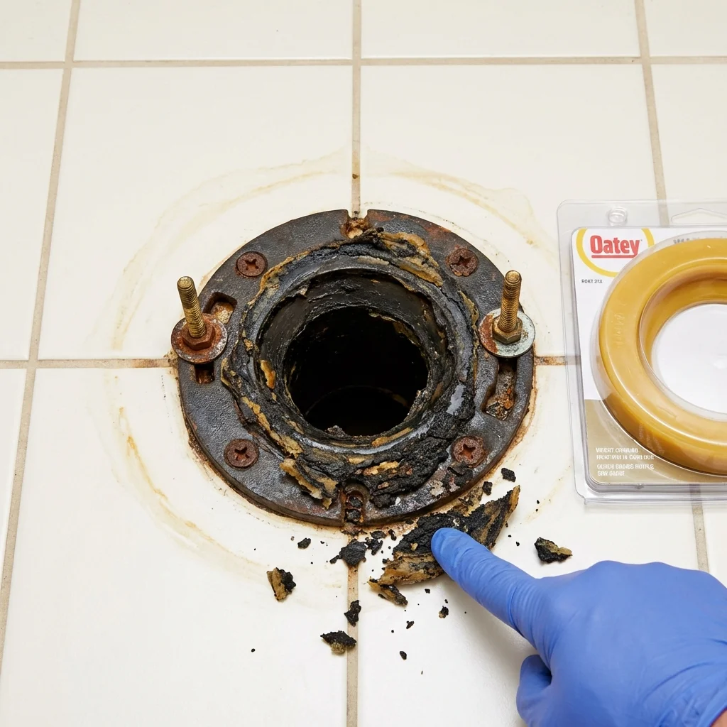 Failed wax ring showing water seepage at the base of a toilet in a Hamilton, IL home