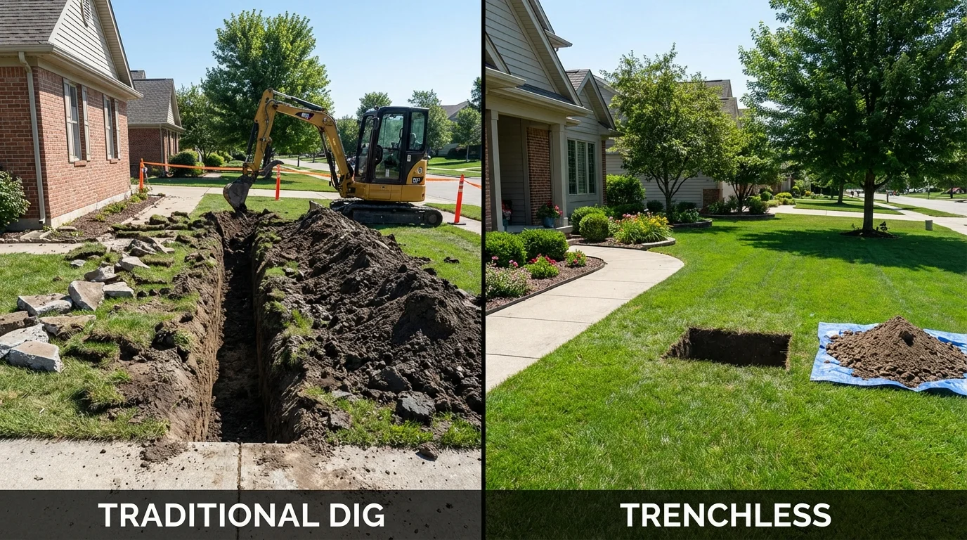 Trenchless sewer repair with minimal yard damage versus traditional excavation in Hamilton, IL