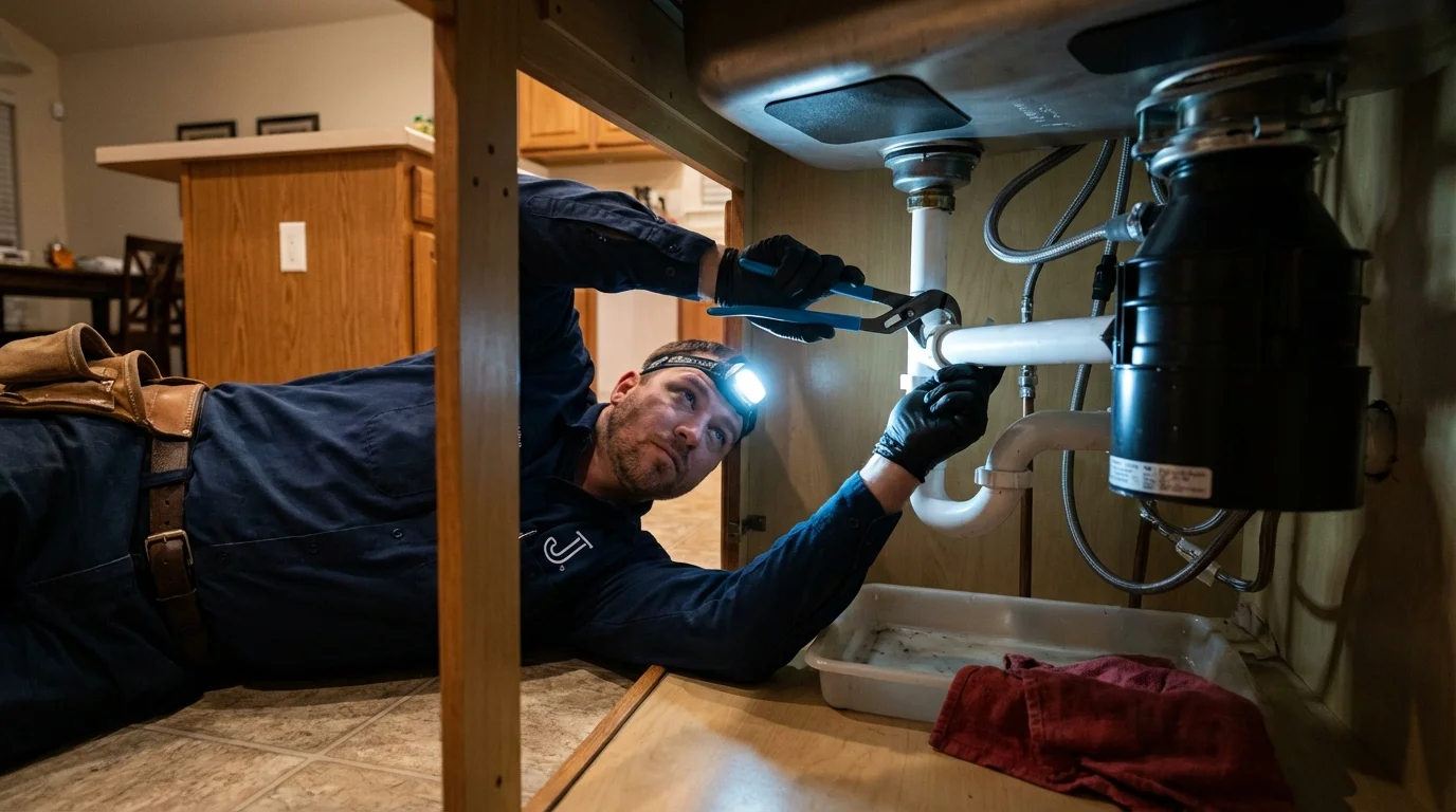 P-trap and supply line connections under a kitchen sink showing a common leak point in Hamilton, IL
